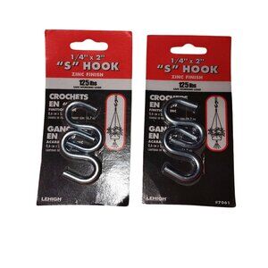 "S" HOOKS-ZINC FINISH- 1/4" X 2"-(2 PACKS) EACH PACK HAS 2 HOOKS-NEW